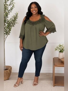 Breathless 2X Olive Green Lace Cold Shoulder Blouse Boho Romantic